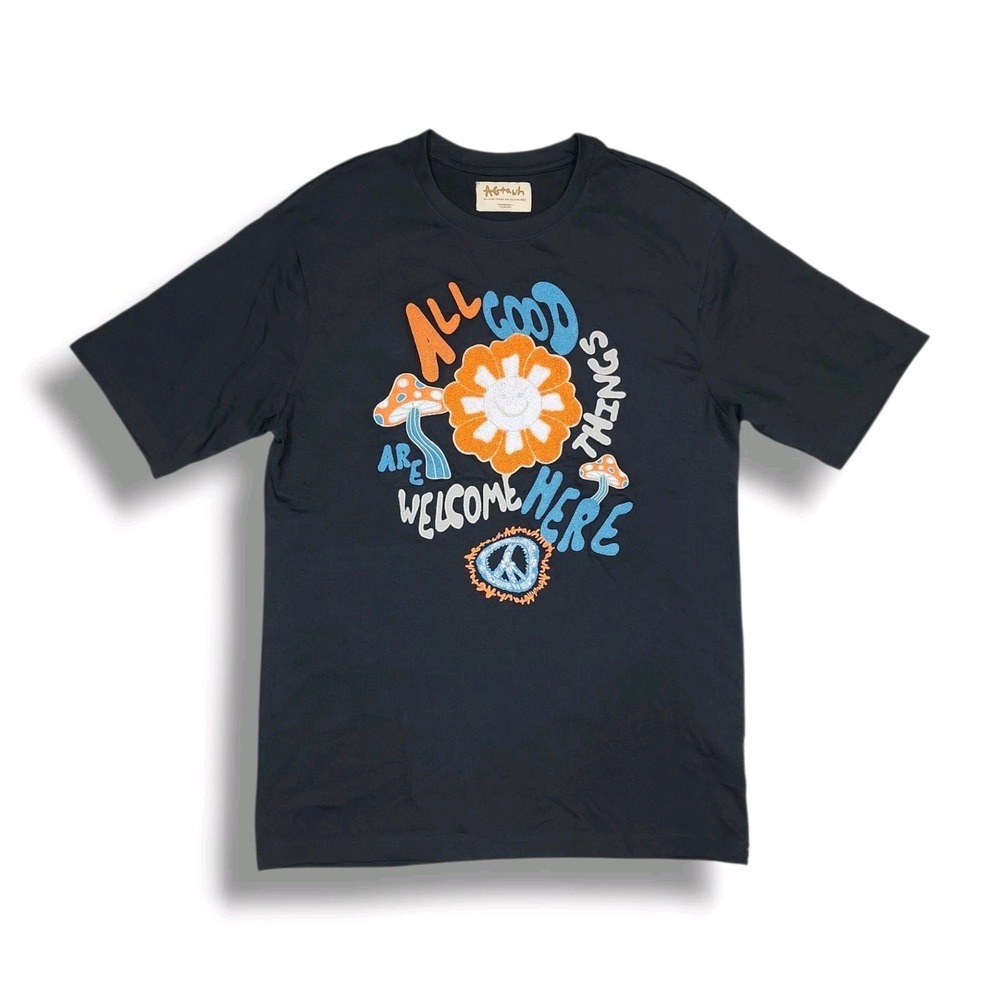 AGTAWH All Good Things Are Welcome Here Flower Embroidered Black T-Shirt Men's M